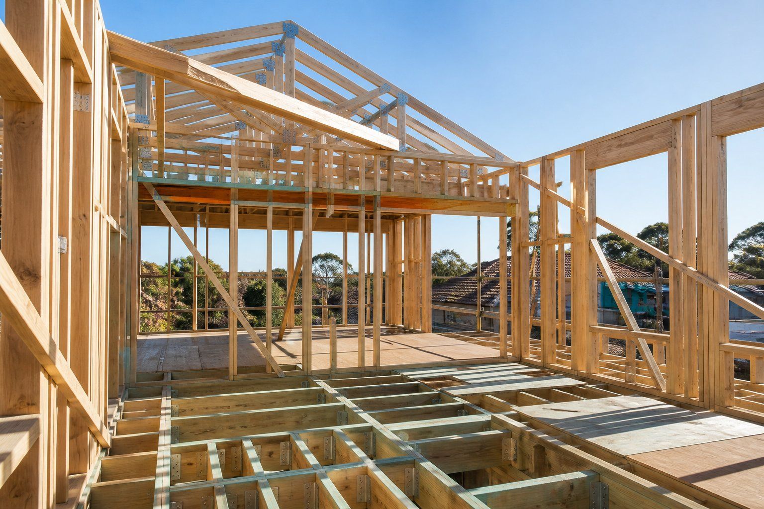 Wood-framed house under construction with exposed framing and open roof trusses in bright sunlight