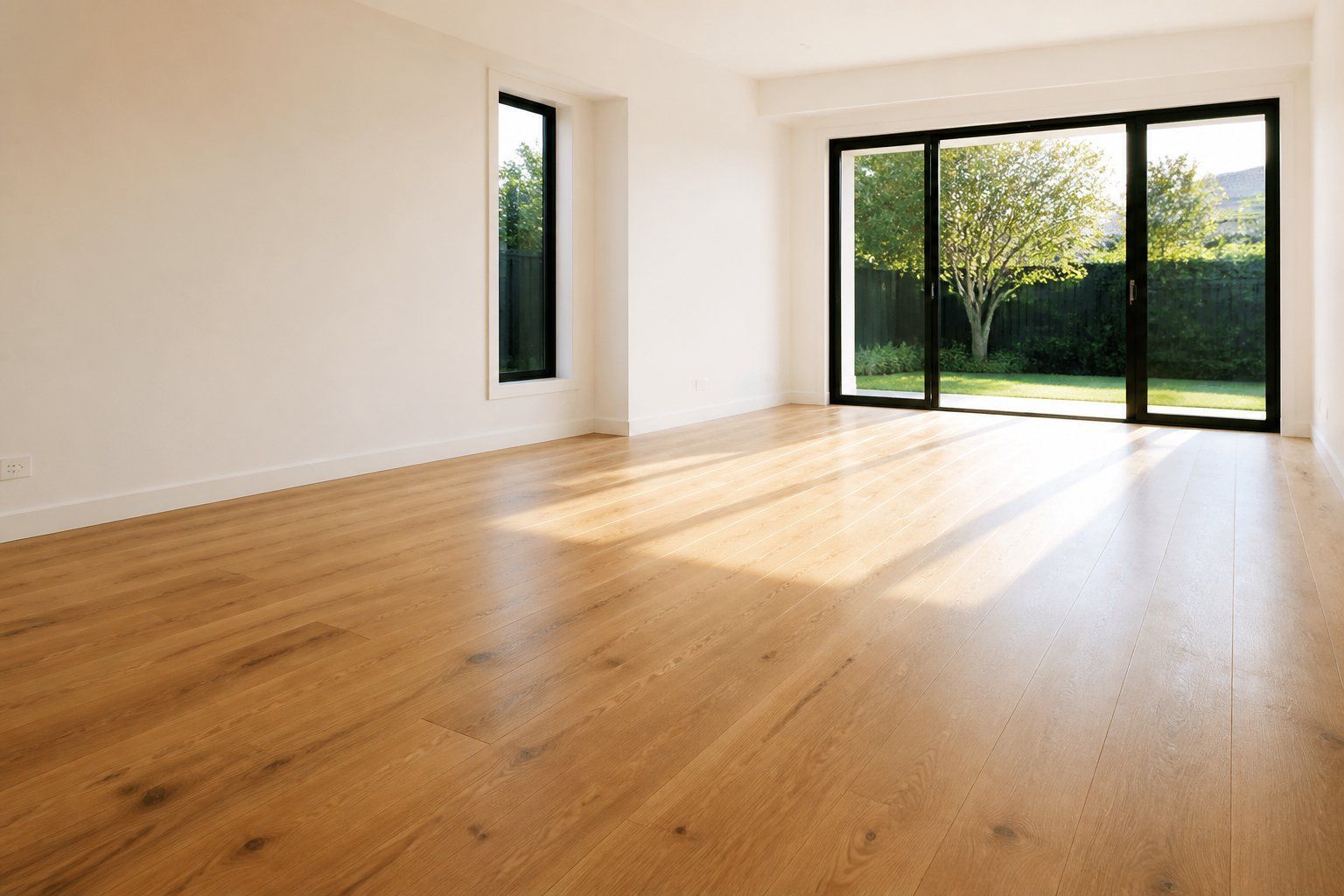 Empty modern room with light wood floor, white walls, and sunlight streaming through large glass doors