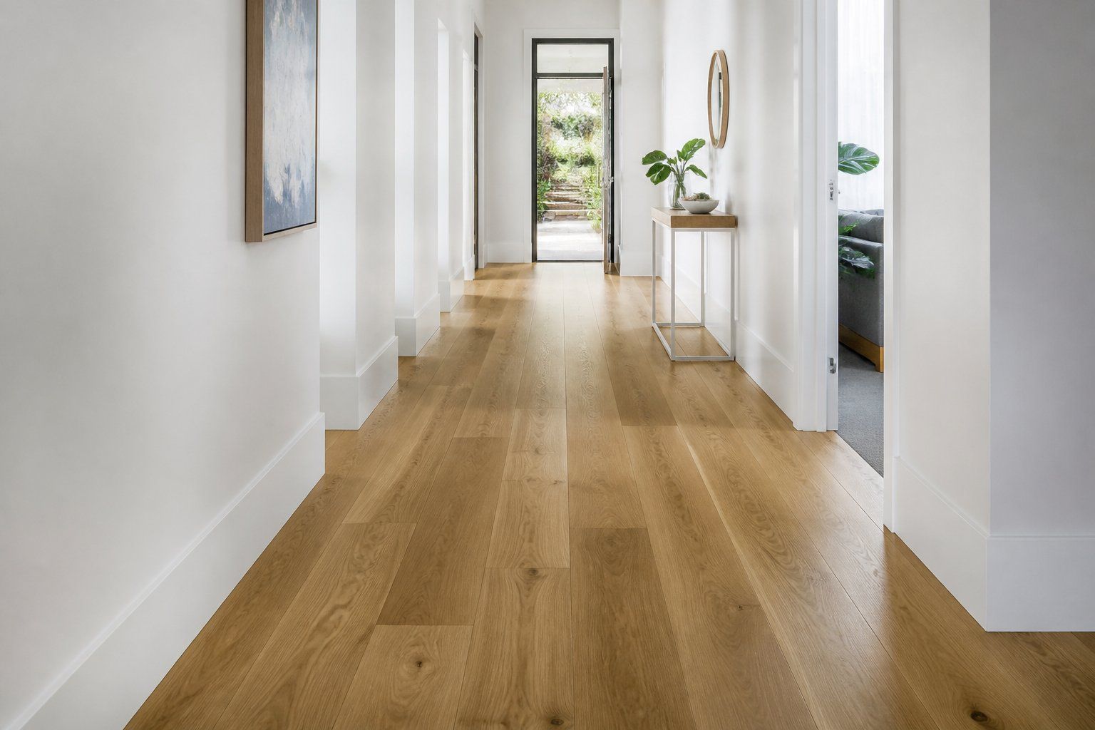 Bright hallway with light wood floors, white walls, and a small table with flowers near the window.