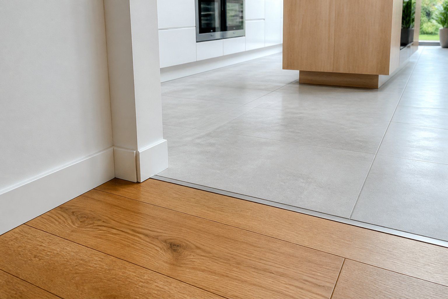 Wooden floor transitioning to a light gray tiled room with a modern kitchen island in the background