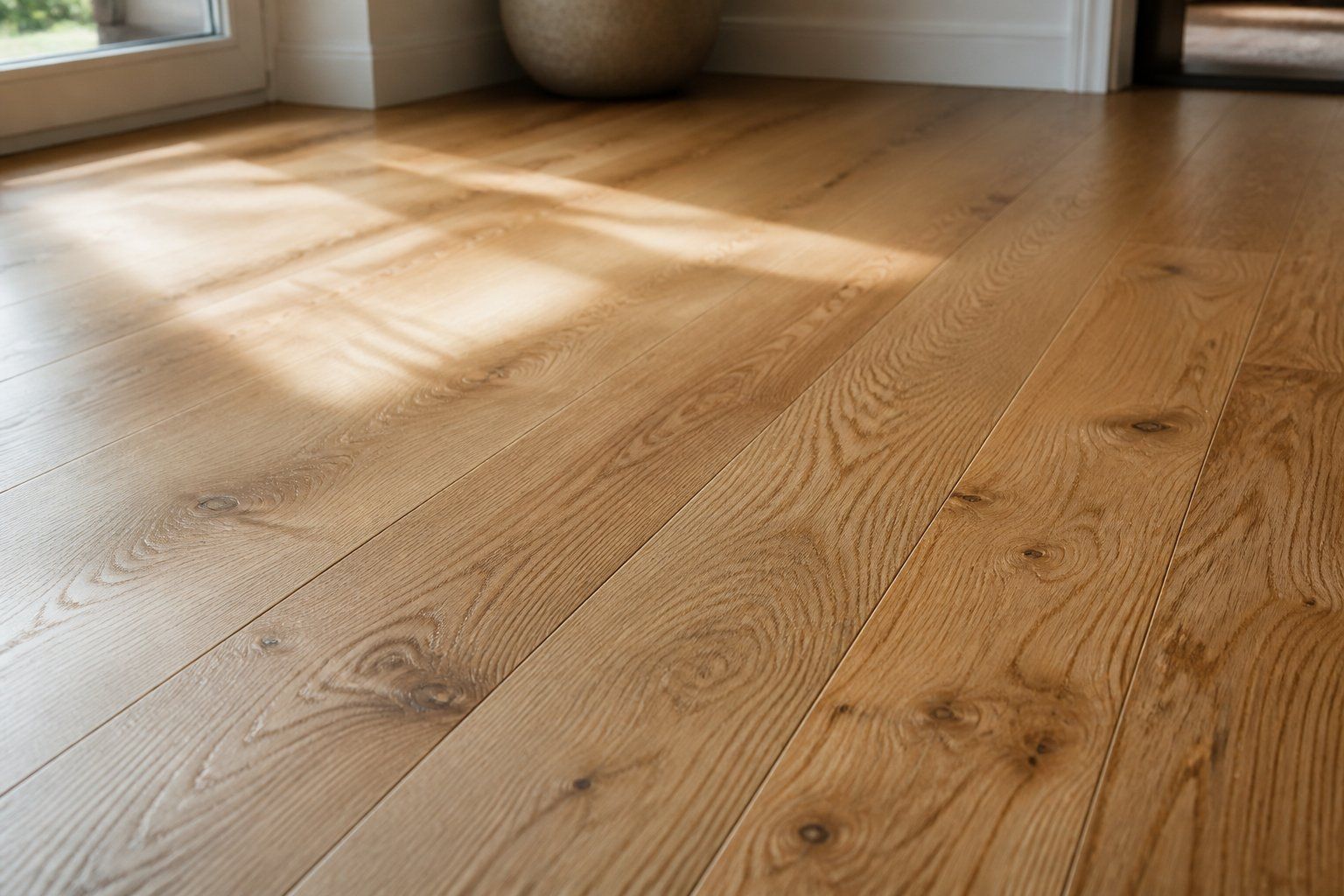 Sunlit wooden floor with soft window shadows in a minimal room