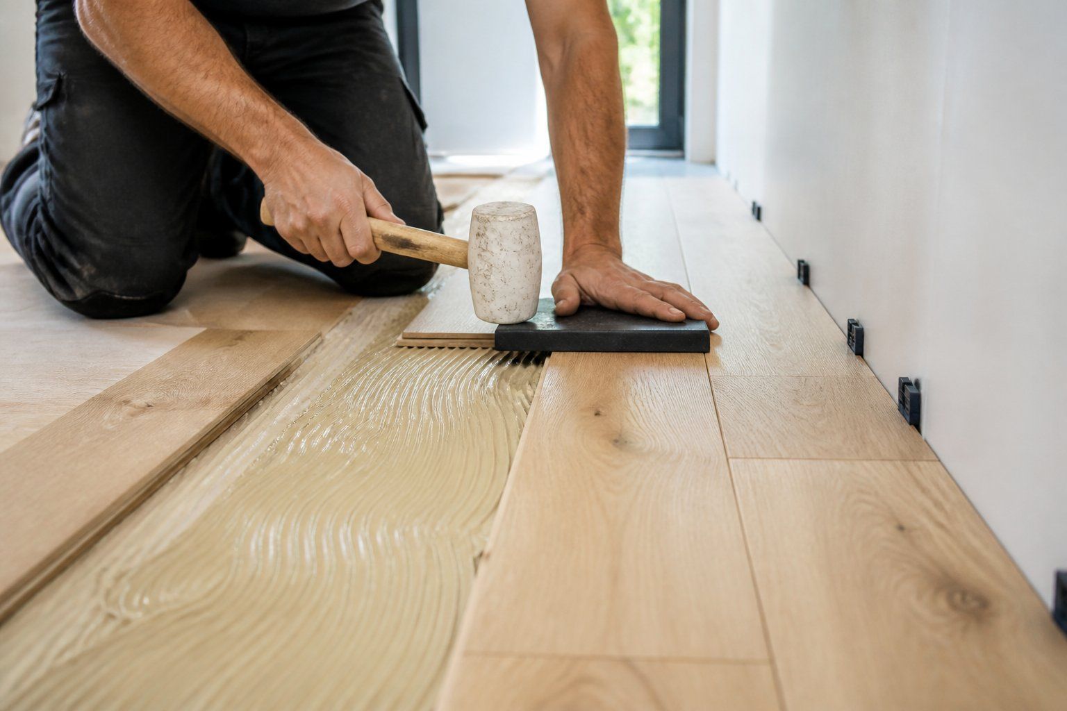 Person applying finish to a light wood floor with a roller beside a white wall.