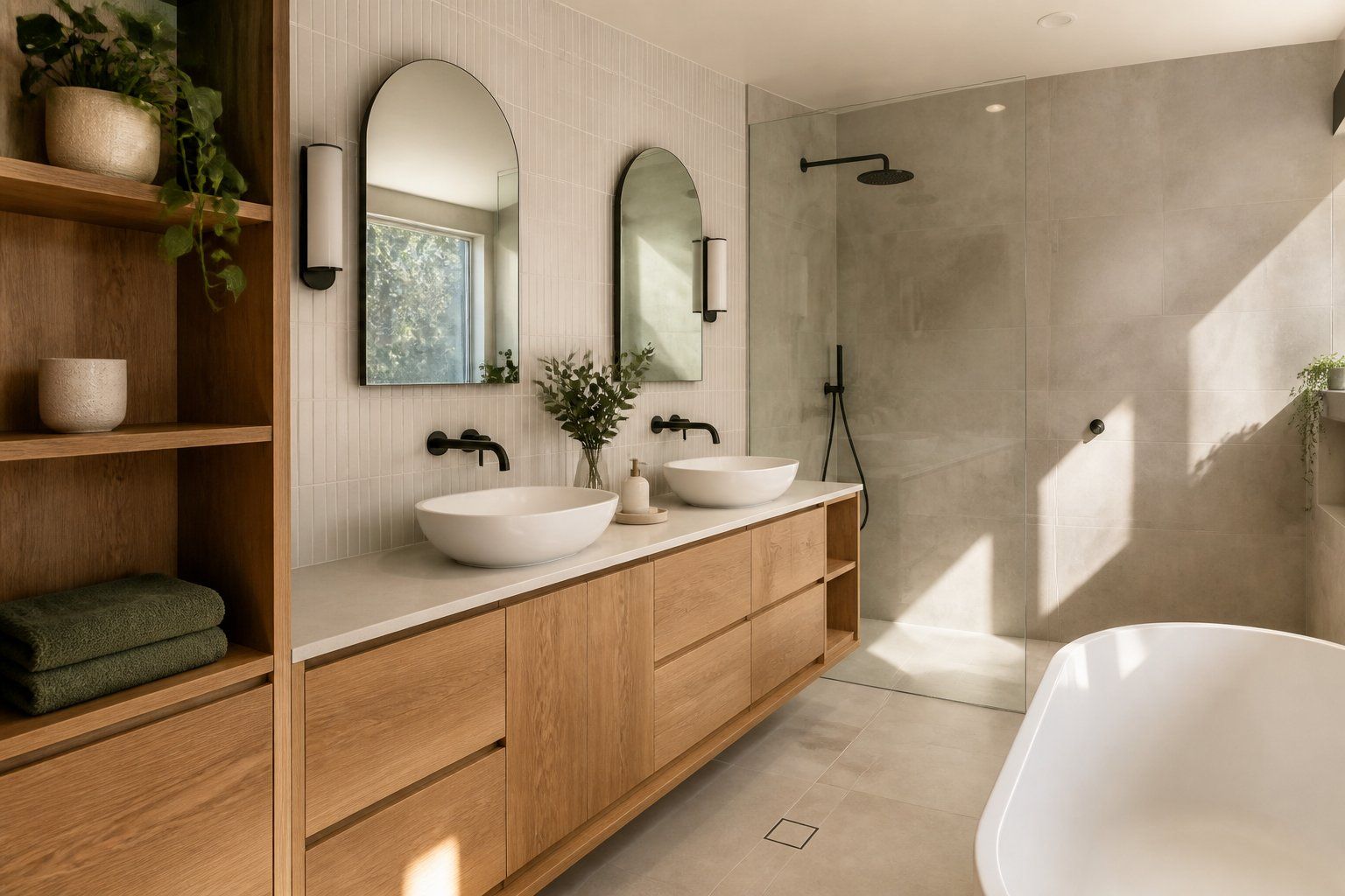 Modern bathroom with wood vanity, double sinks, mirrors, bathtub, and sunlit shower area