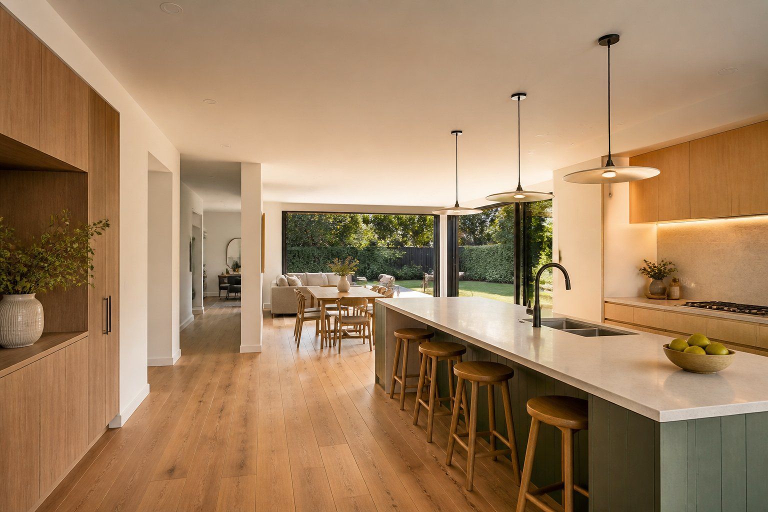 Modern open-plan kitchen with island, wood floors, pendant lights, and large sliding doors to a garden view