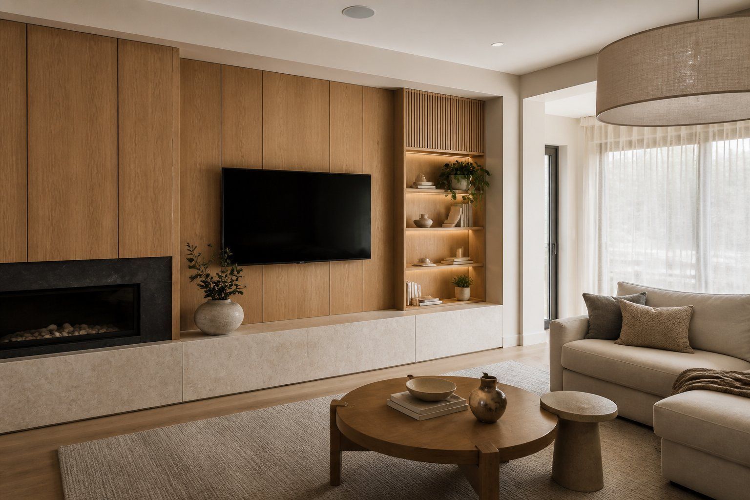 Modern living room with wall-mounted TV, fireplace, wood paneling, beige sofa, and round coffee table
