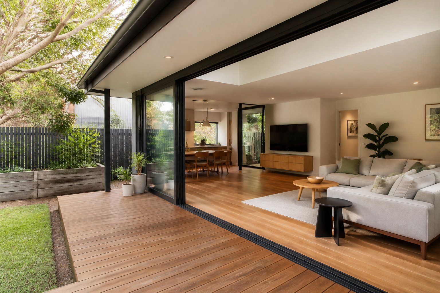 Modern open-plan living room opening to a wooden deck and patio with large sliding glass doors