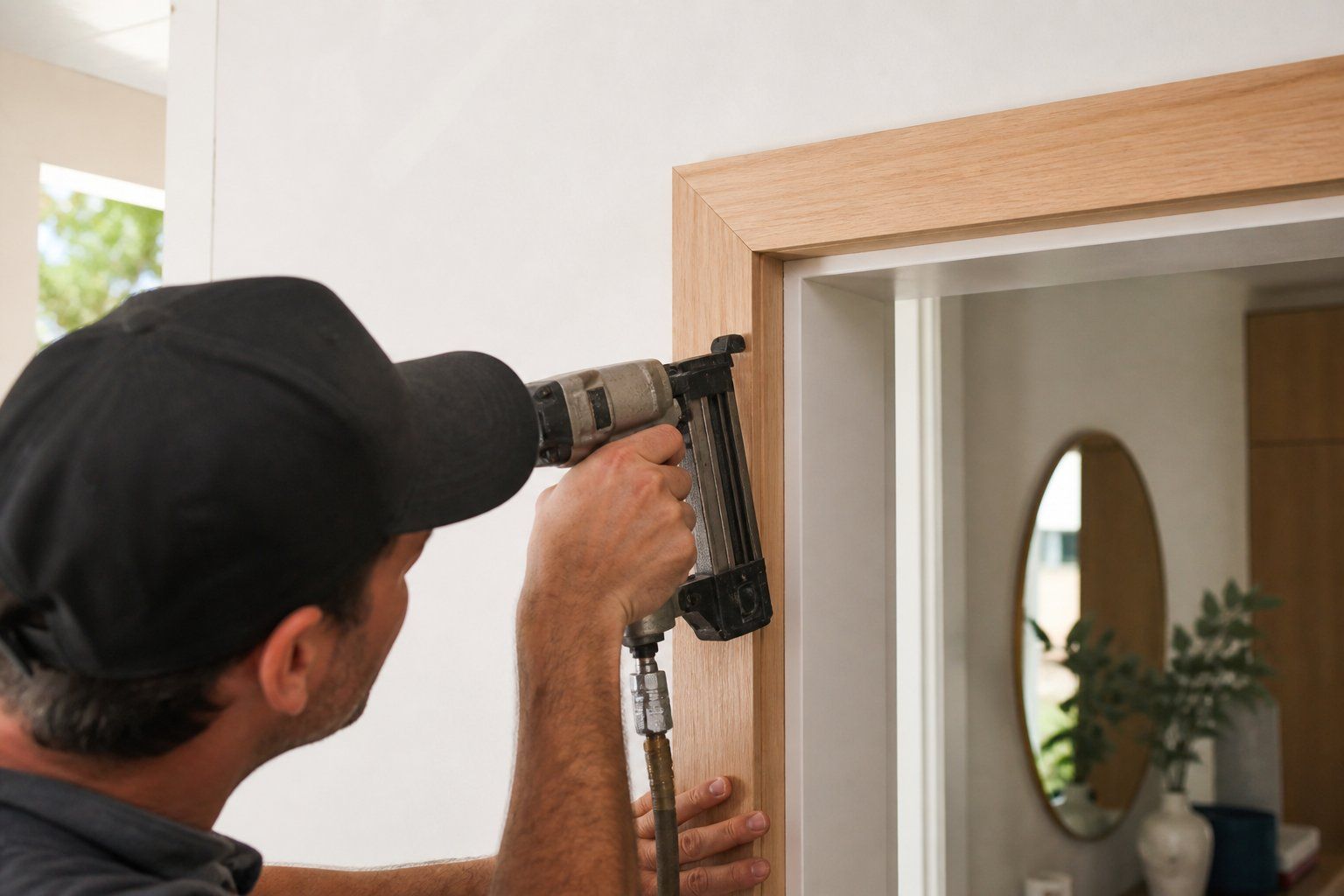 Person using a nail gun to install trim around a doorway inside a home