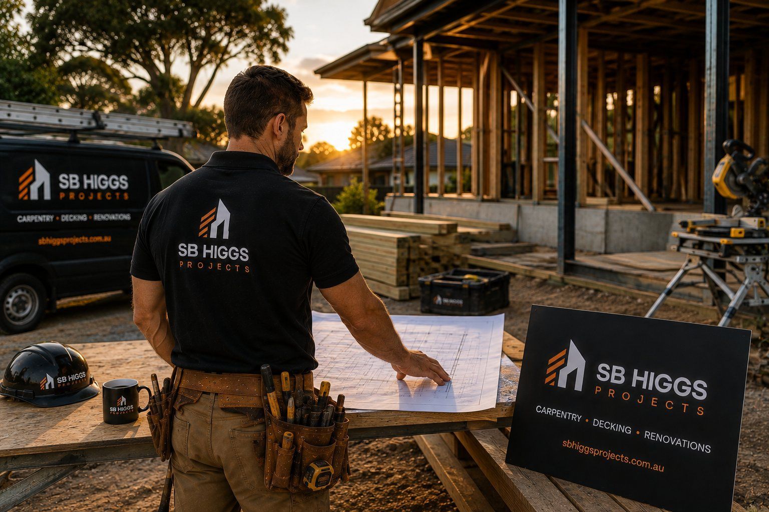 Carpenter cutting wood planks with a miter saw outside a modern house