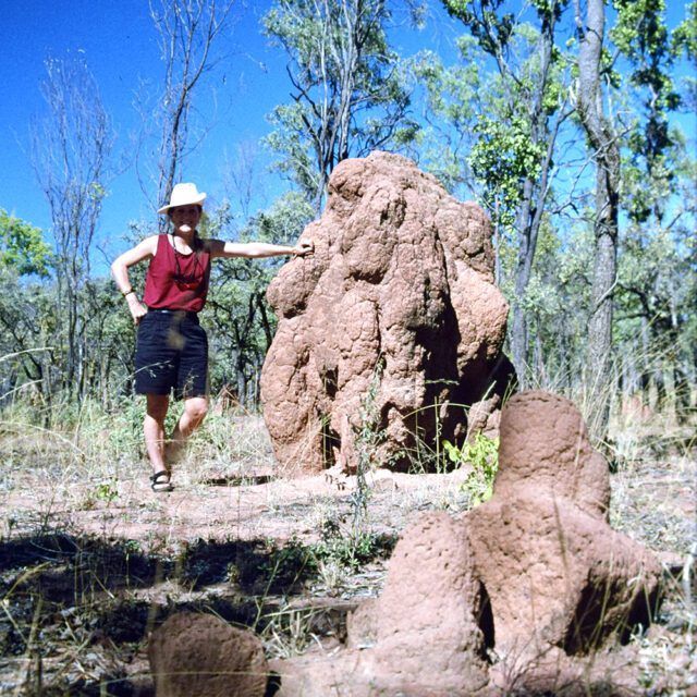 A woman standing next to a large mound of dirt