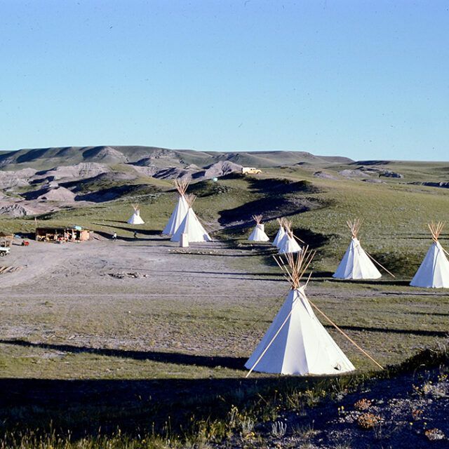 A group of teepees in a field with mountains in the background