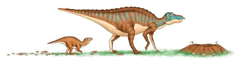 A couple of dinosaurs standing next to each other in the grass.
