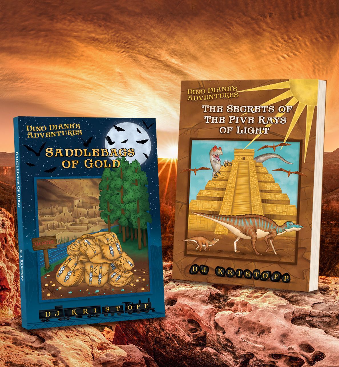 A book titled saddleback of gold sits next to a book titled the ancients of the five races of light