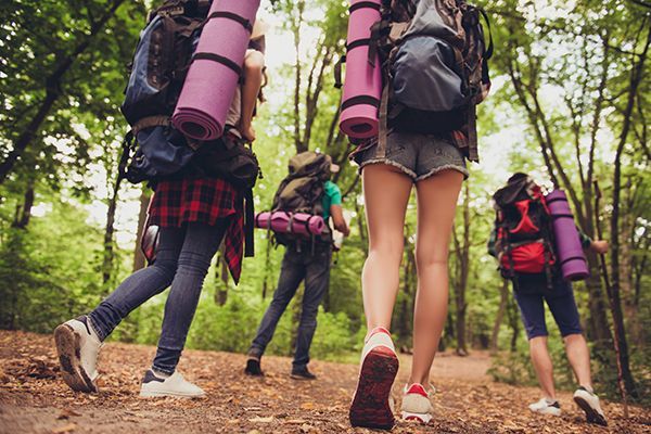 A group of people with backpacks are walking through the woods.