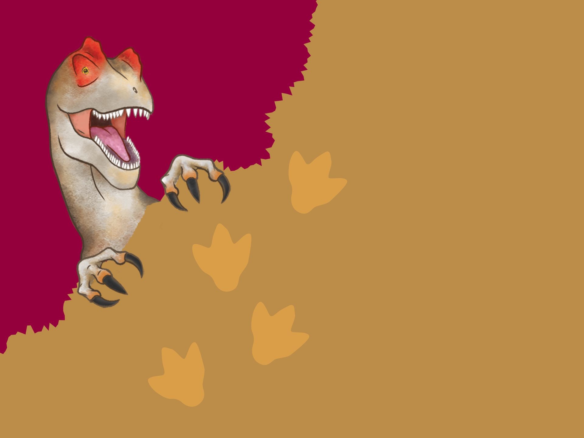 A cartoon of a dinosaur with its mouth open and footprints in the sand.