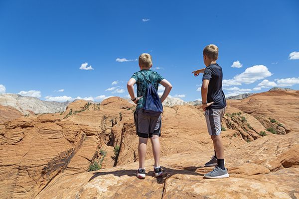 Two young boys are standing on top of a rocky hill.