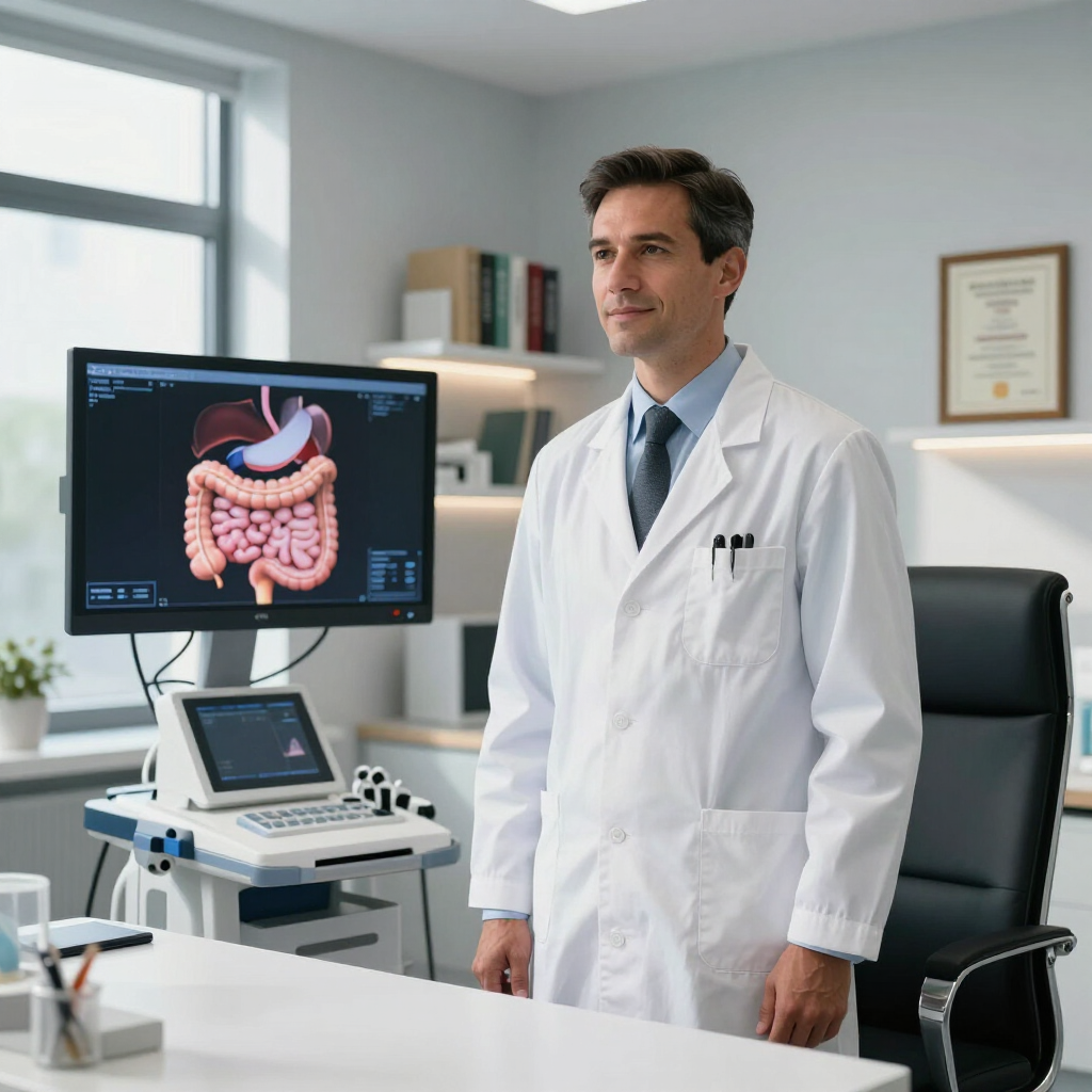 Gastroenterólogo con bata blanca en clínica moderna