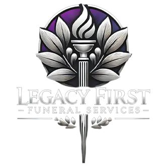 Logo for Legacy First Funeral Services: Silver torch with purple accents and surrounding leaves. Text reads "Legacy First Funeral Services".