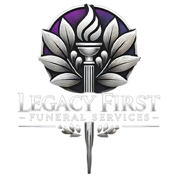 Logo for Legacy First Funeral Services: Silver torch with purple accents and surrounding leaves. Text reads "Legacy First Funeral Services".