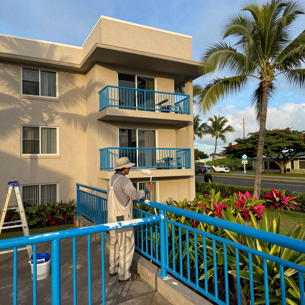 Person painting a beige apartment building with bright blue railings beside tropical landscaping.