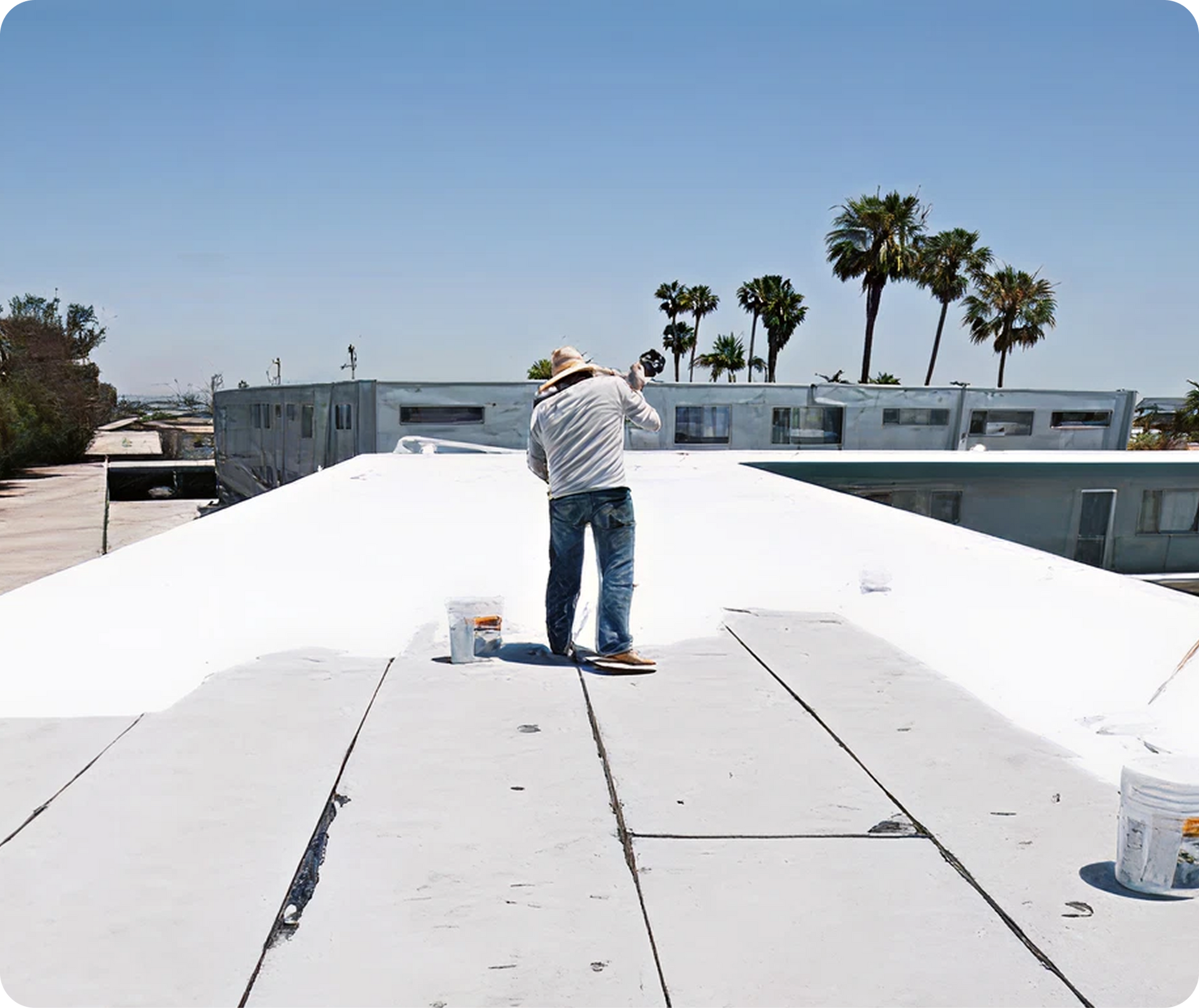 Worker standing on a white rooftop under a clear blue sky, with palm trees and buildings in the background