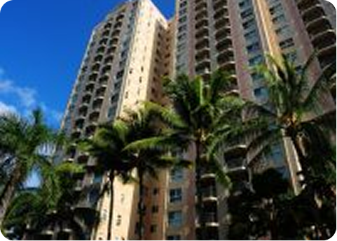 Tall apartment buildings with palm trees against a bright blue sky