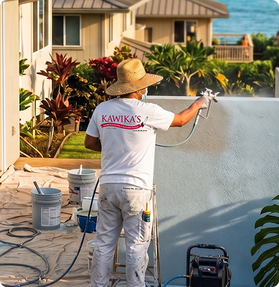 Worker spray-painting an exterior wall beside a coastal building, with paint buckets and hoses nearby