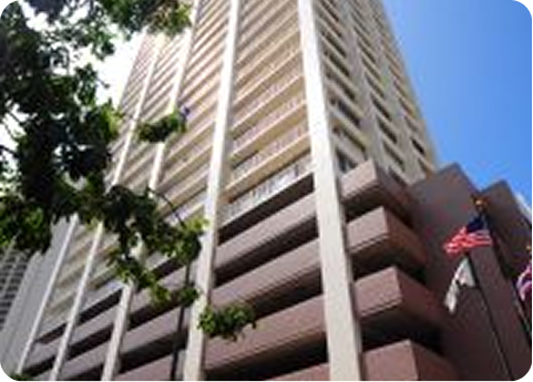 Tall modern office building viewed from below, with trees and an American flag against a blue sky.