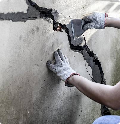 Gloved hands spreading plaster over a cracked wall during repair work