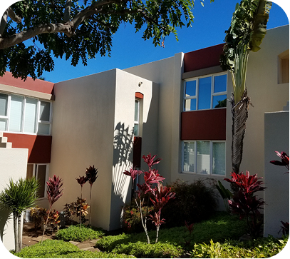 Modern apartment building with white and red exterior, palm trees, and landscaped garden in bright sunlight
