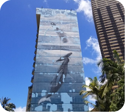 Mural of a whale on a tall glass building, with palm trees and a blue sky.