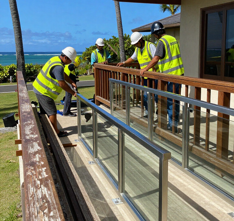 Workers in safety vests install a glass railing on a sunny balcony overlooking the water