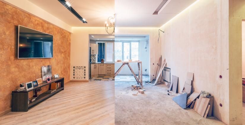 A Before And After Photo Of A Living Room Being Remodeled — Harris Design & Building Concepts In Jubilee Pocket, QLD