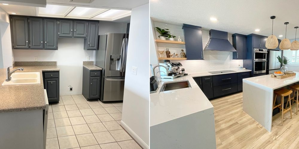 Side-by-side kitchen remodel: dark gray and white kitchens with islands and tiled floors Harris Design & Building Concepts In Jubilee Pocket, QLD