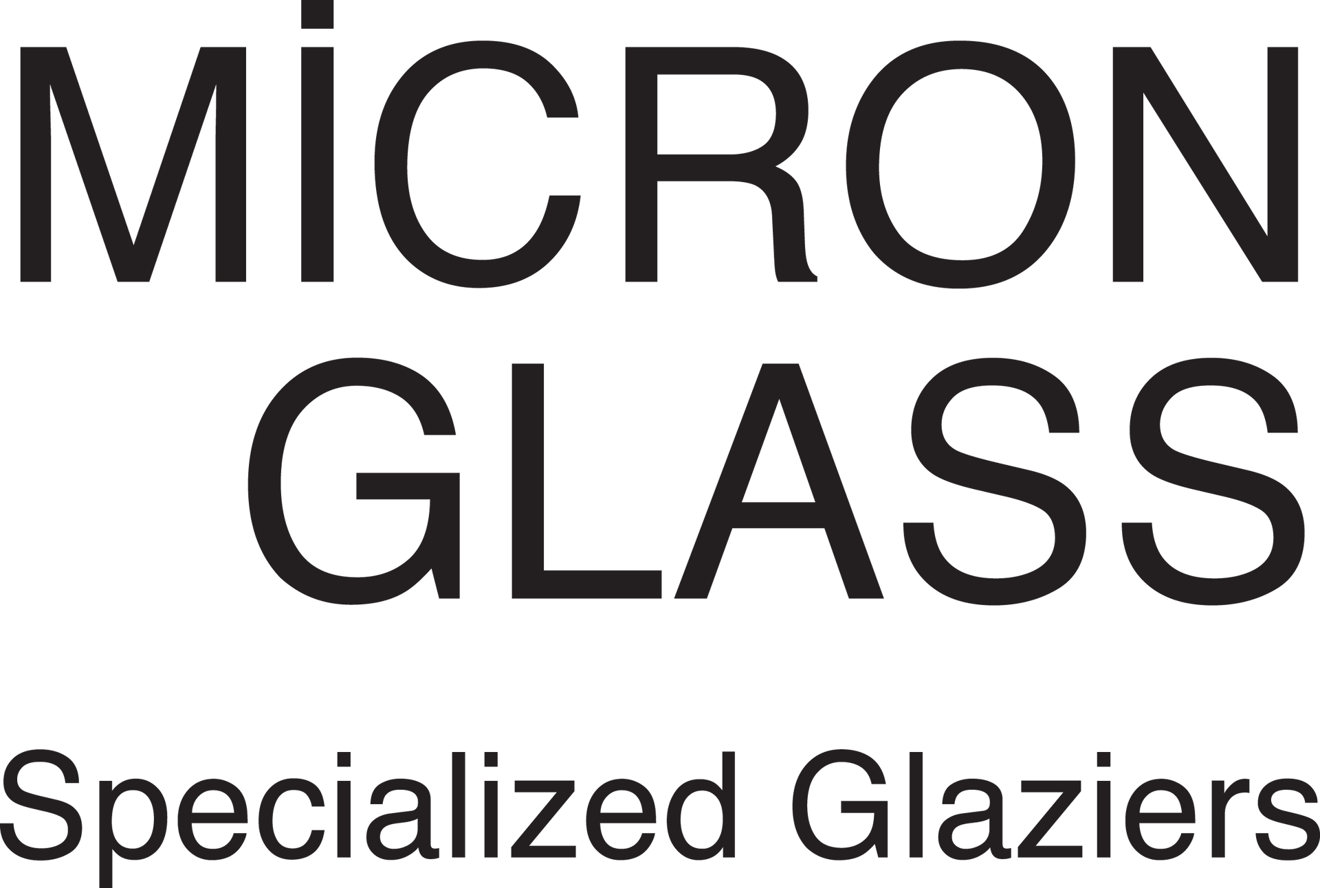 The logo for micron glass specialized glaziers is black and white.