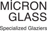 The logo for micron glass specialized glaziers is black and white.