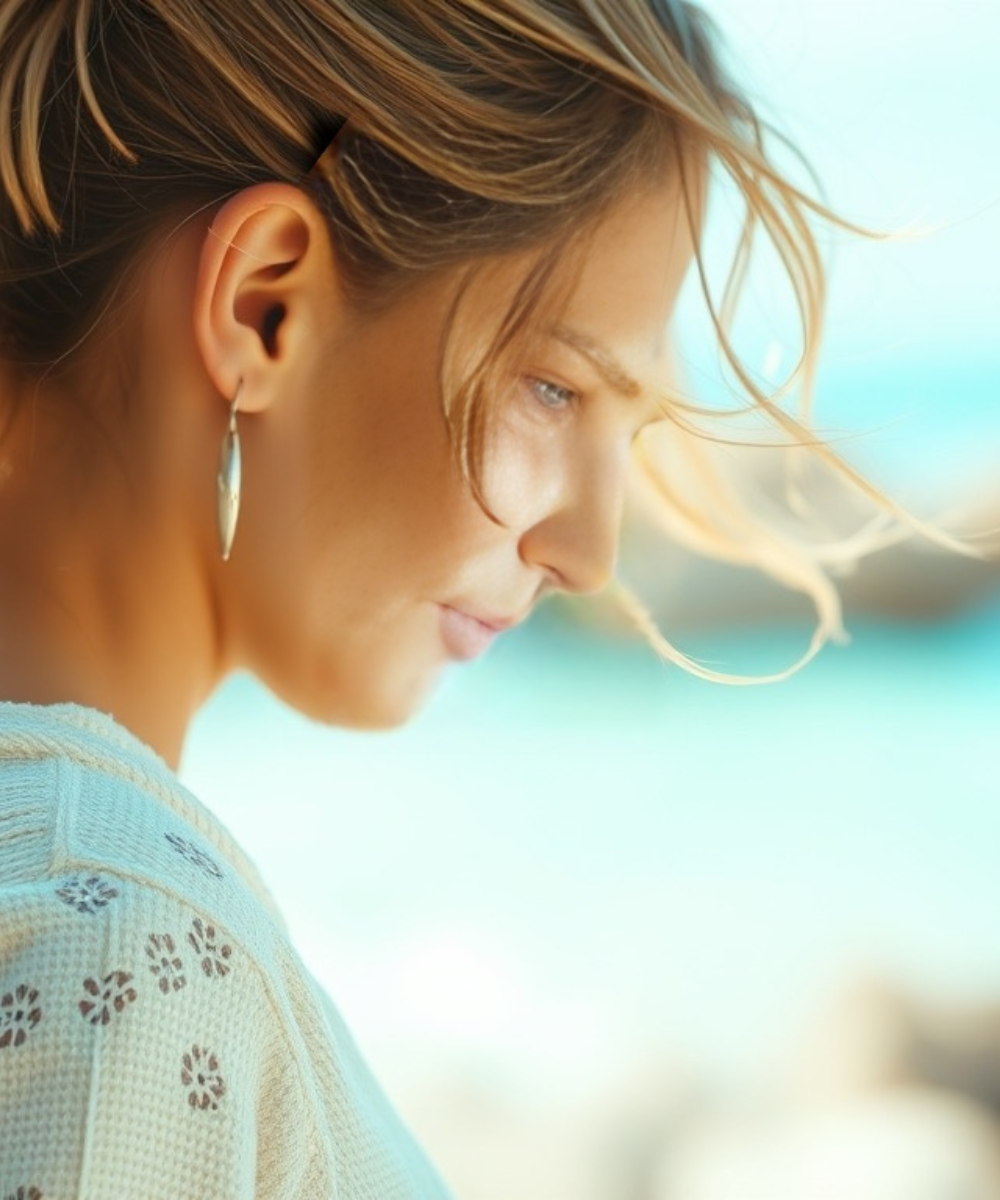 Woman with light hair, looking down thoughtfully, wearing a white top and silver earrings, set against a blurred beach background.