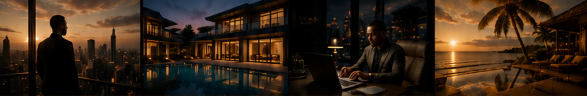 Silhouetted person by a pool at sunset, with a modern waterfront villa and palm trees in the background