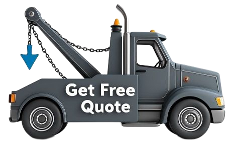 Grey tow truck with “Get Free Quote” text and a blue arrow hanging from the hook