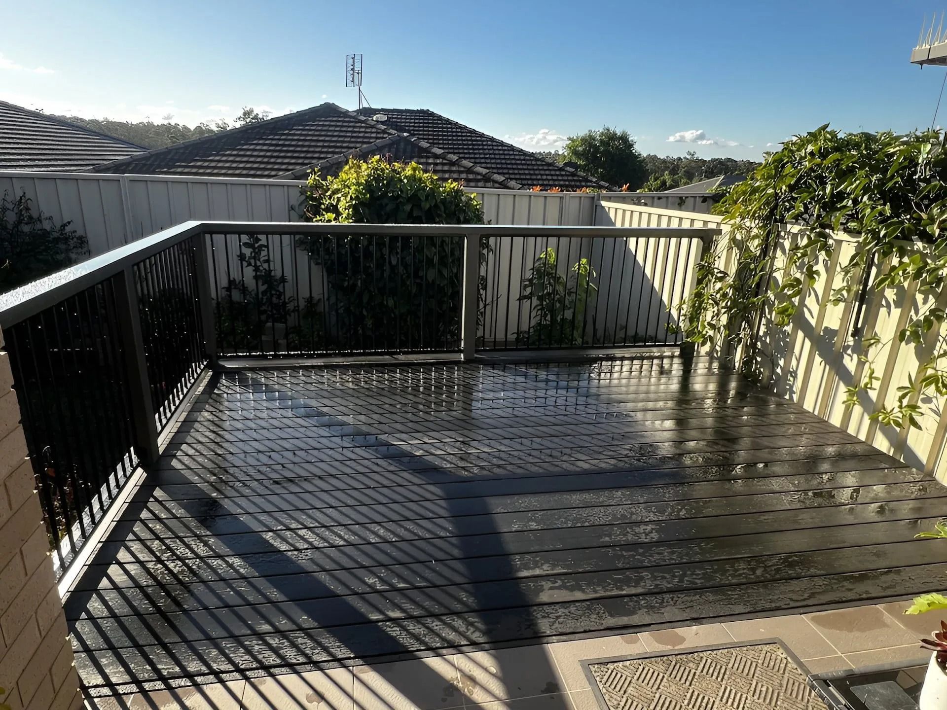 Sunlit wooden deck with black railing, vine-covered fence, and rooftops in the distance