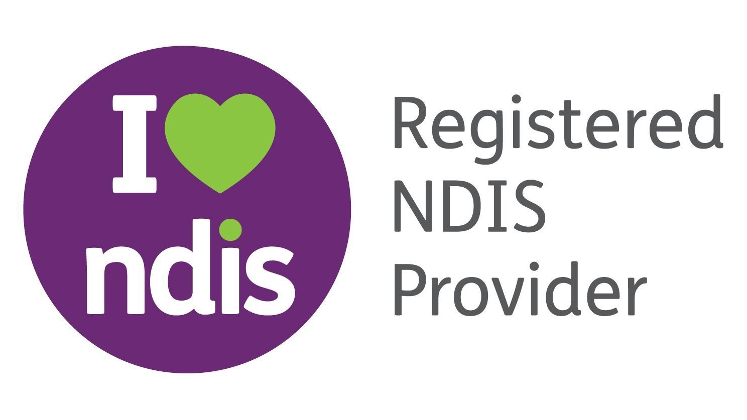 Purple “I heart NDIS” logo with “Registered NDIS Provider” text