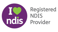 NDIS provider logo with purple circle, green heart, and text “Registered NDIS Provider”