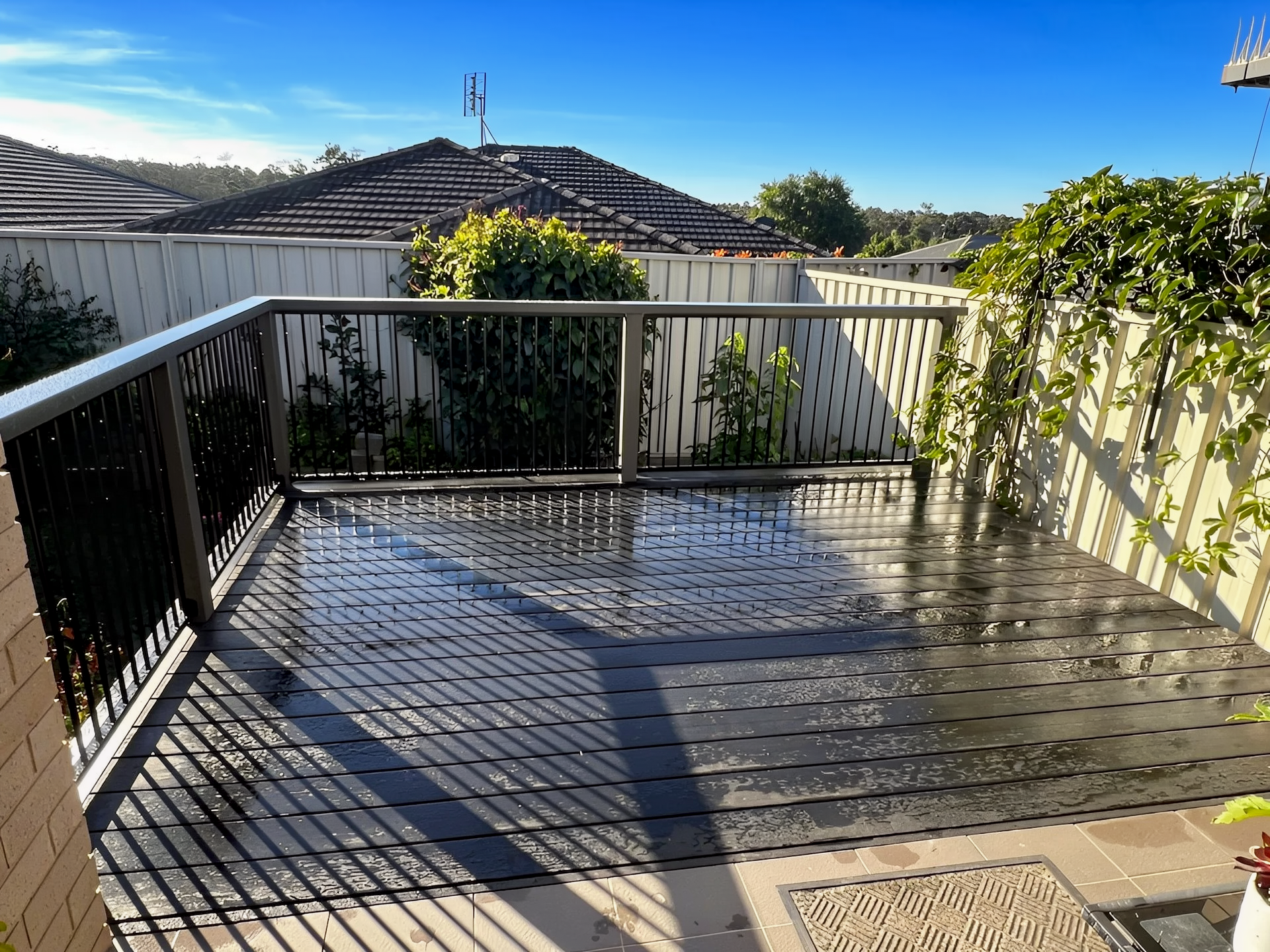 Sunny backyard deck with white railings, wet wooden floor, and neighboring rooftops beyond.