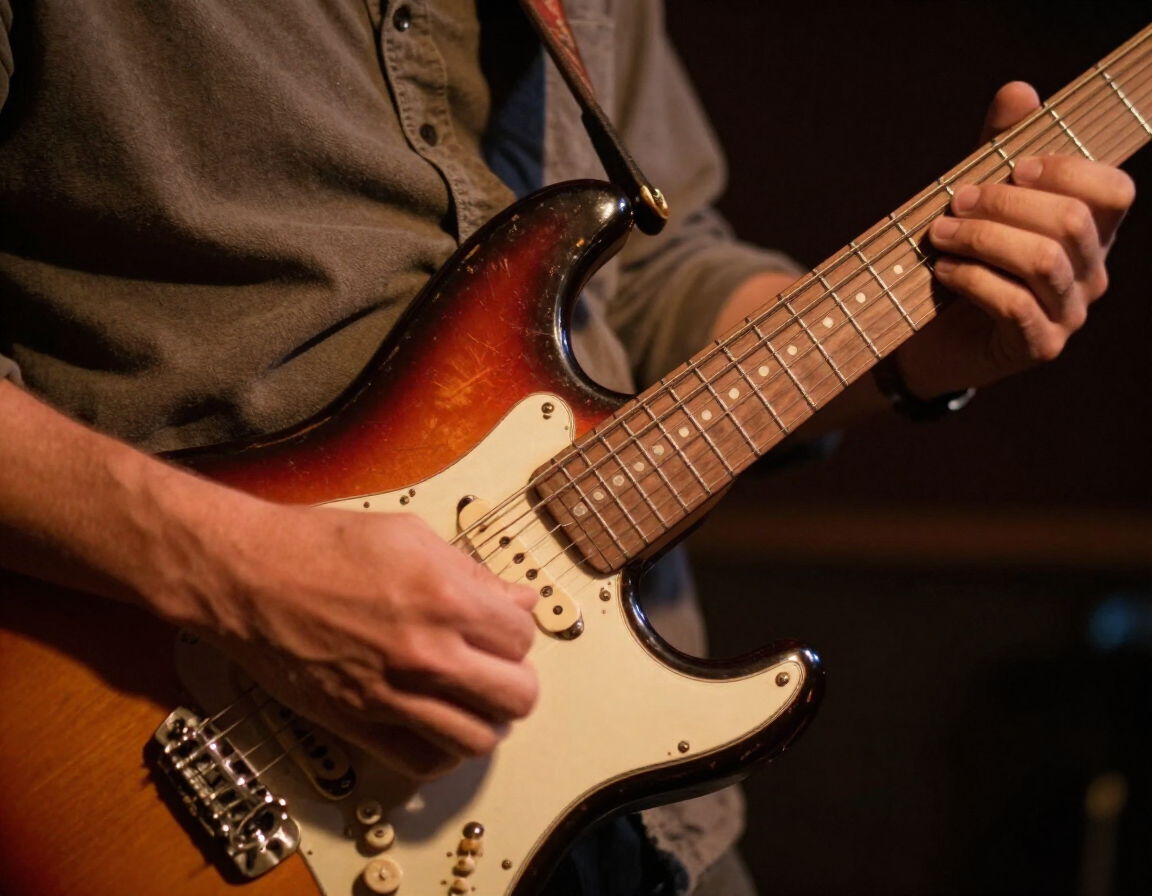 Close-up of guitar hands during a blues performance