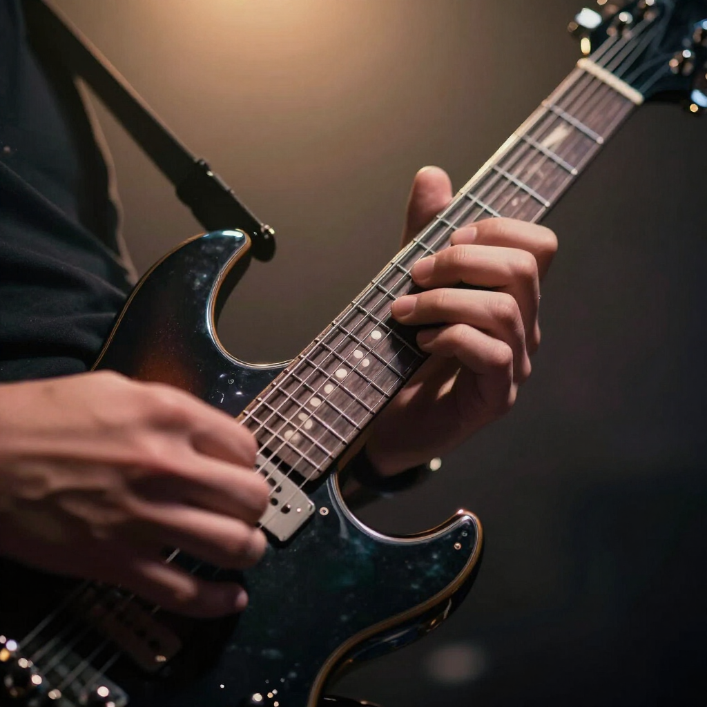 Close-up of guitar playing during a set