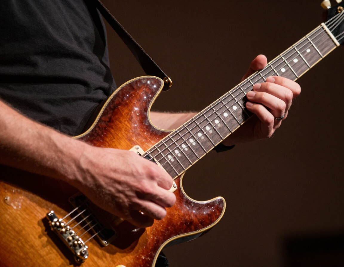 Close-up of guitar hands during a live show