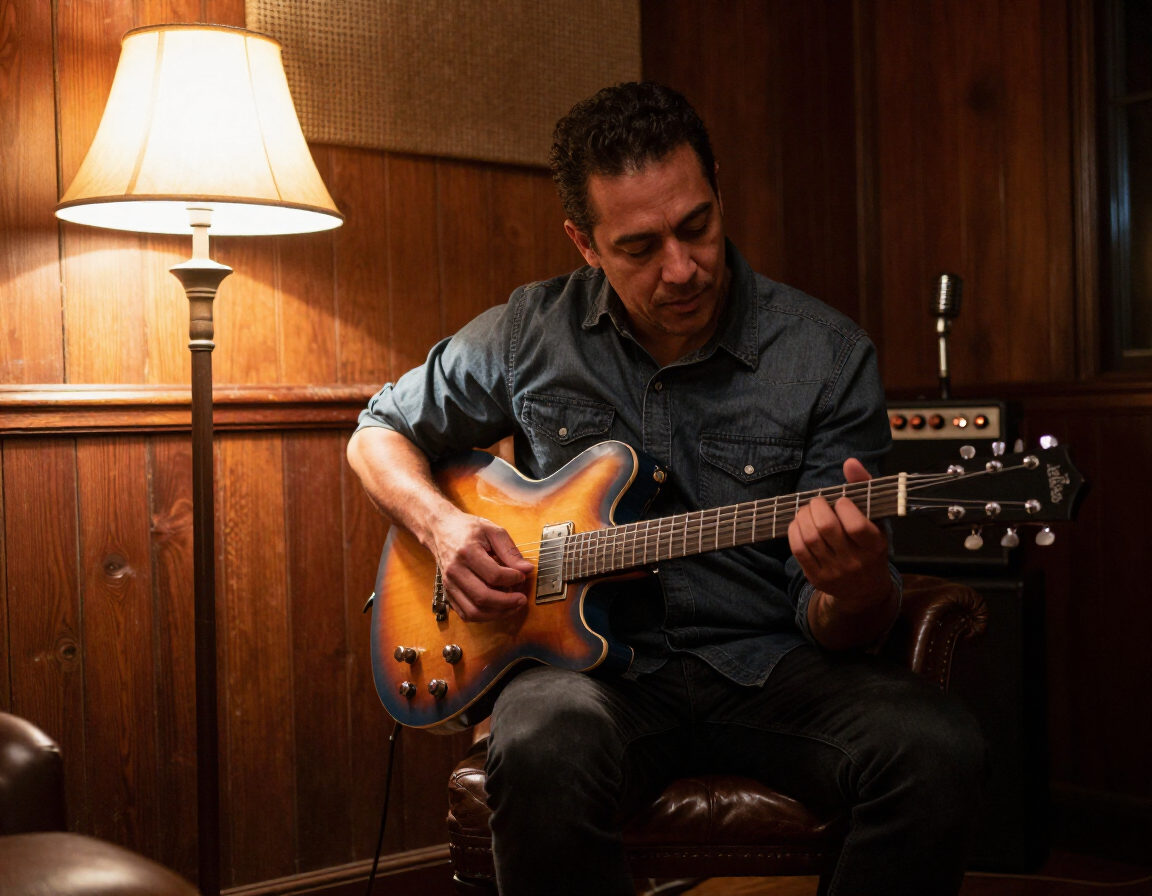 Blues guitarist performing in a private listening room