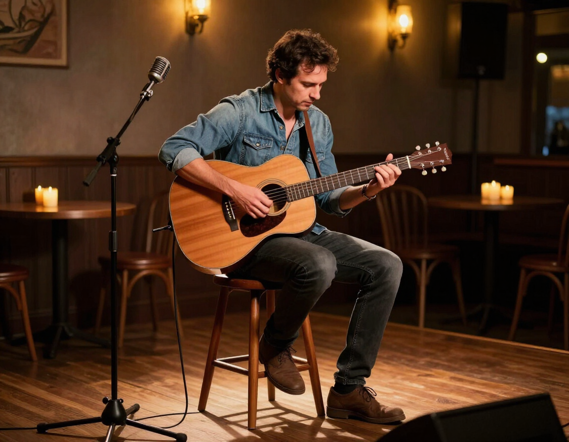 Solo acoustic blues guitarist in a cozy venue