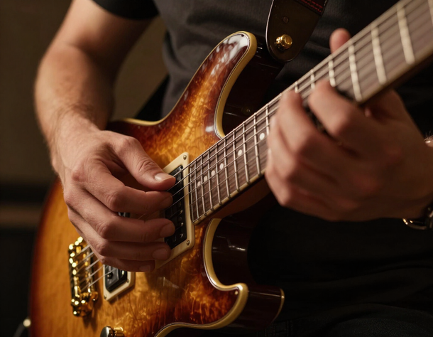 Close-up of a blues guitarist playing