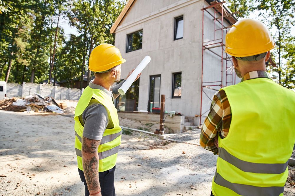 Due operai edili con giubbotti gialli e caschi di sicurezza ispezionano una casa in fase di ristrutturazione.