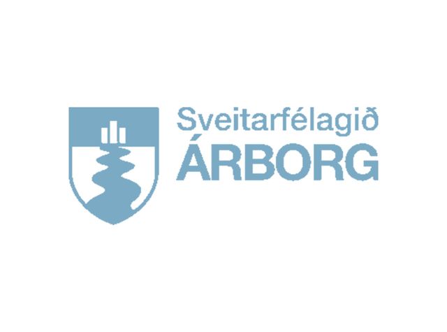 Blue emblem of Sveitarfélagið Árborg: shield with a river and buildings, text next to it.
